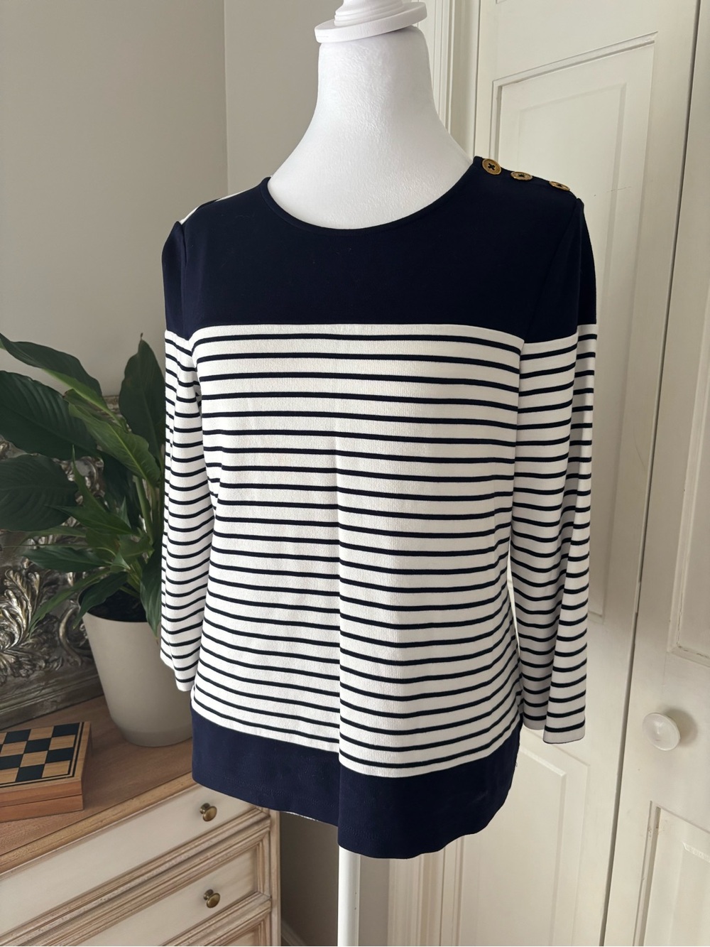 Ralph Lauren Navy and White Striped 3/4 Sleeve Top